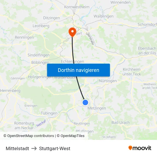 Mittelstadt to Stuttgart-West map