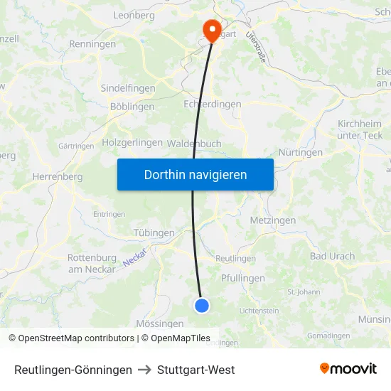 Reutlingen-Gönningen to Stuttgart-West map