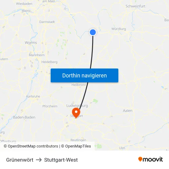 Grünenwört to Stuttgart-West map