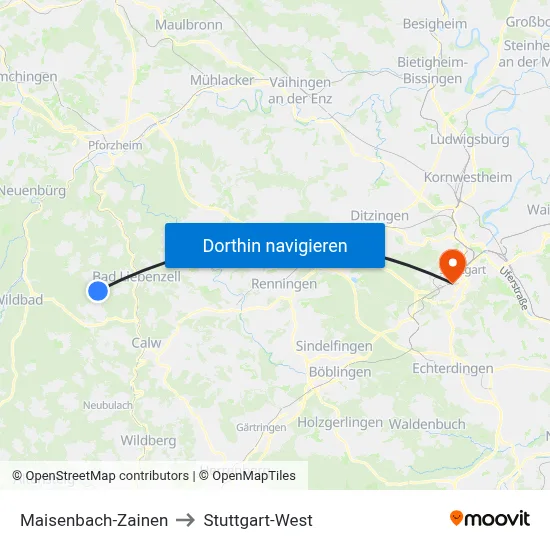 Maisenbach-Zainen to Stuttgart-West map