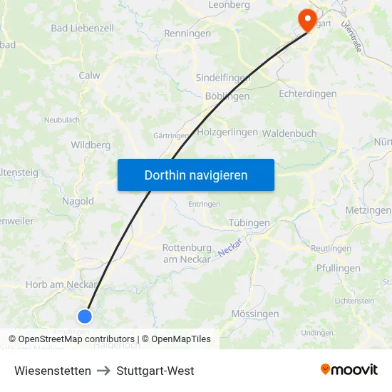 Wiesenstetten to Stuttgart-West map