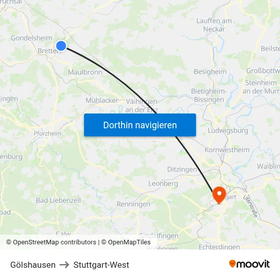 Gölshausen to Stuttgart-West map