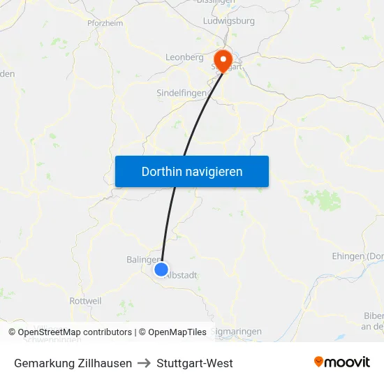 Gemarkung Zillhausen to Stuttgart-West map