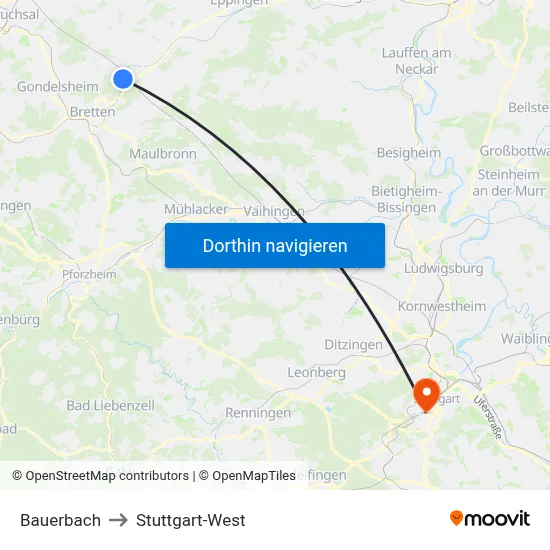 Bauerbach to Stuttgart-West map