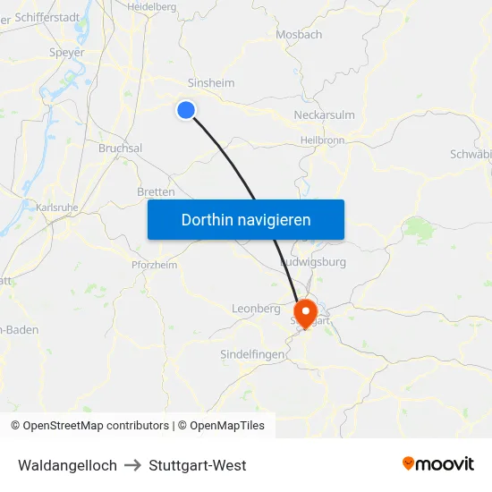 Waldangelloch to Stuttgart-West map