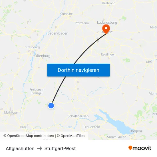 Altglashütten to Stuttgart-West map
