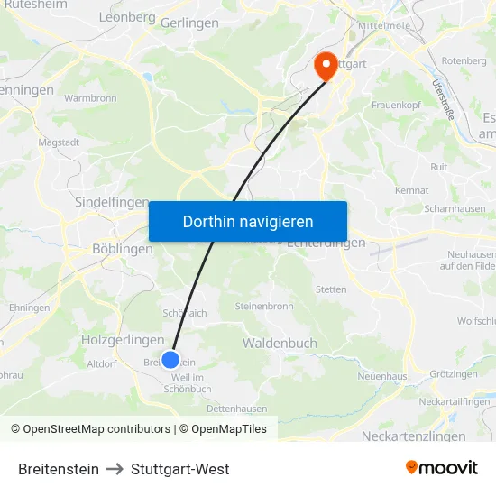 Breitenstein to Stuttgart-West map
