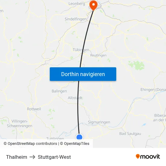 Thalheim to Stuttgart-West map