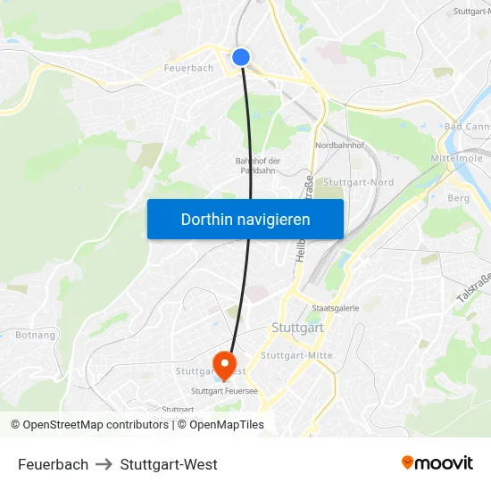 Feuerbach to Stuttgart-West map