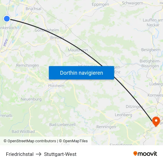 Friedrichstal to Stuttgart-West map