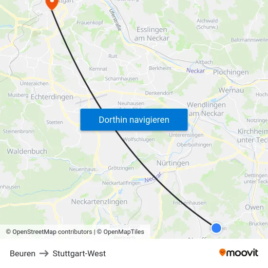 Beuren to Stuttgart-West map