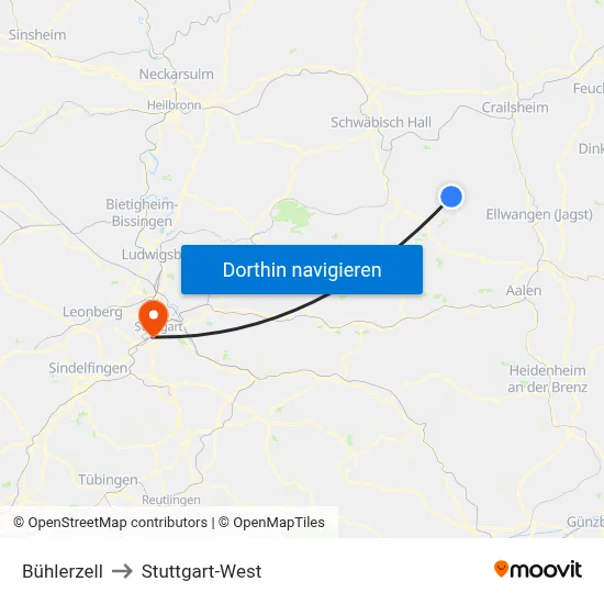 Bühlerzell to Stuttgart-West map
