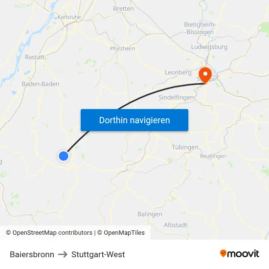 Baiersbronn to Stuttgart-West map
