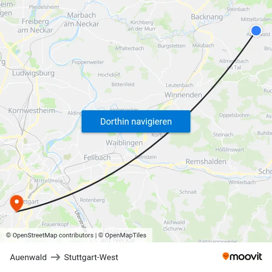 Auenwald to Stuttgart-West map