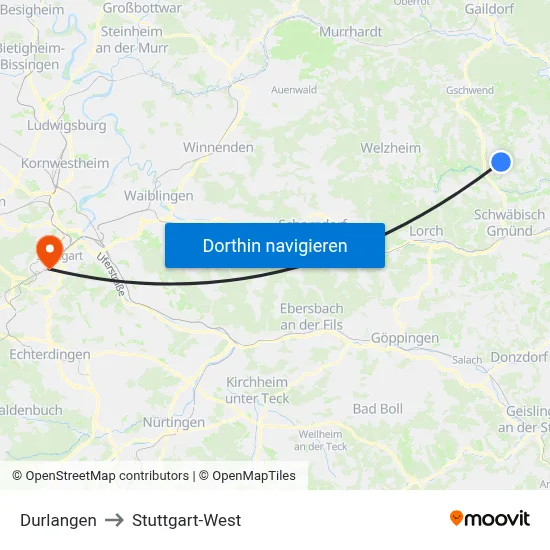 Durlangen to Stuttgart-West map