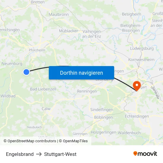 Engelsbrand to Stuttgart-West map