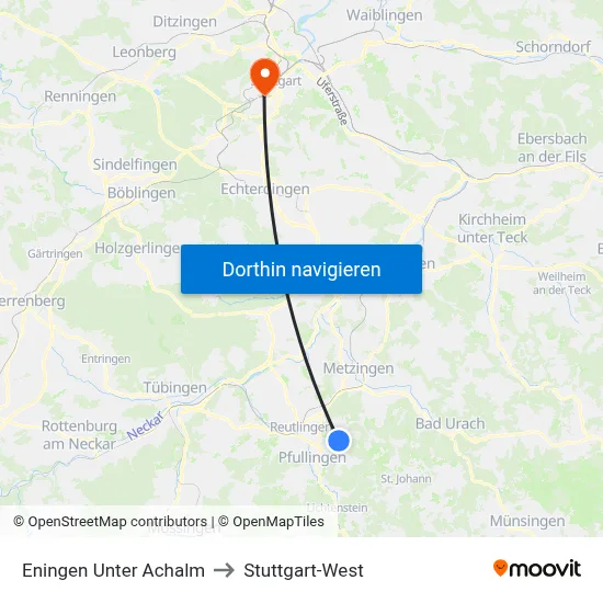 Eningen Unter Achalm to Stuttgart-West map