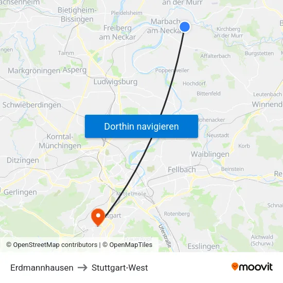 Erdmannhausen to Stuttgart-West map