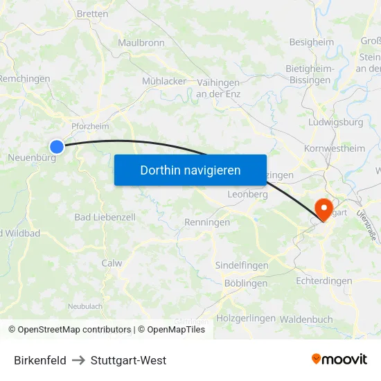 Birkenfeld to Stuttgart-West map