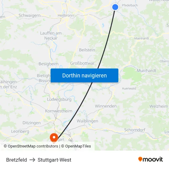 Bretzfeld to Stuttgart-West map