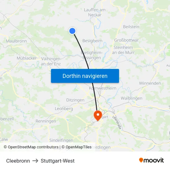 Cleebronn to Stuttgart-West map
