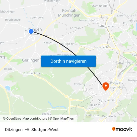 Ditzingen to Stuttgart-West map