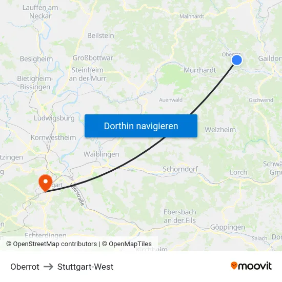 Oberrot to Stuttgart-West map