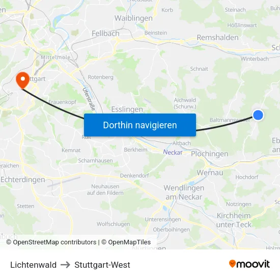 Lichtenwald to Stuttgart-West map