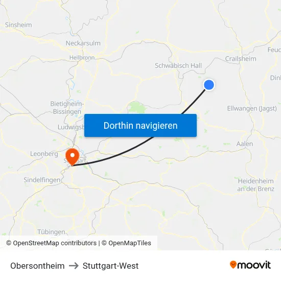 Obersontheim to Stuttgart-West map