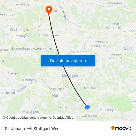 St. Johann to Stuttgart-West map