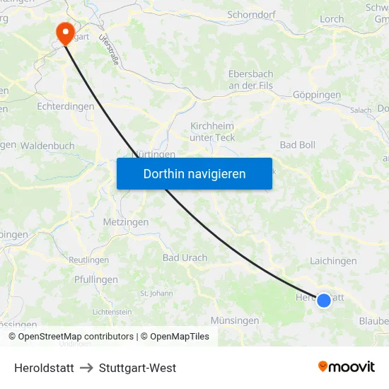 Heroldstatt to Stuttgart-West map