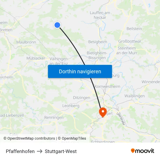 Pfaffenhofen to Stuttgart-West map