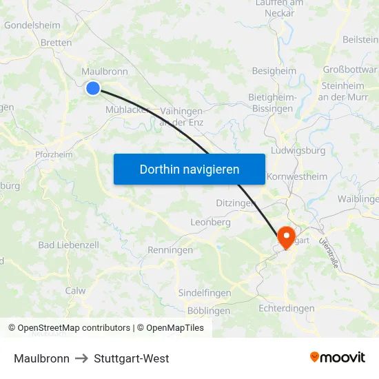Maulbronn to Stuttgart-West map