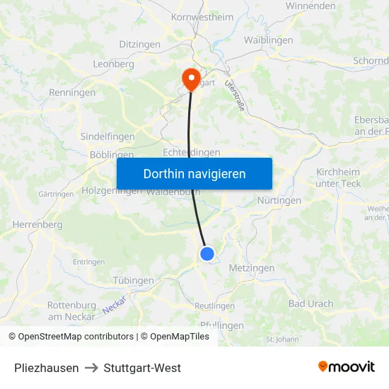 Pliezhausen to Stuttgart-West map