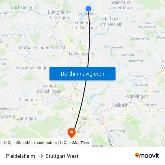 Pleidelsheim to Stuttgart-West map