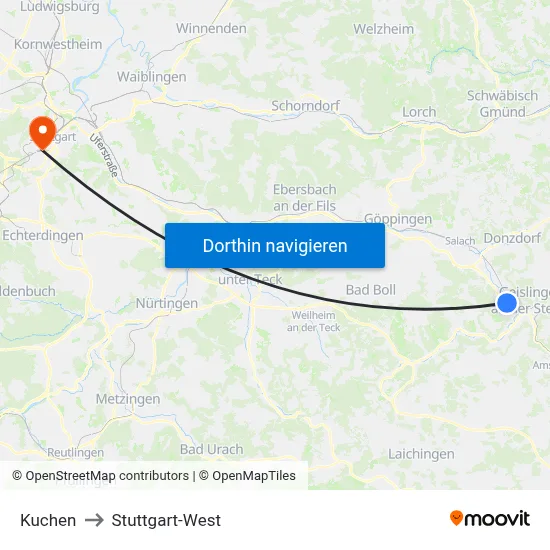 Kuchen to Stuttgart-West map