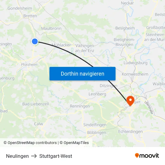 Neulingen to Stuttgart-West map