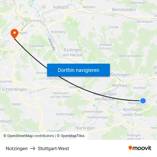 Notzingen to Stuttgart-West map