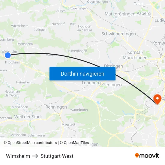 Wimsheim to Stuttgart-West map