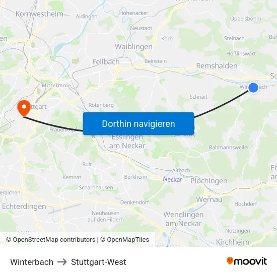Winterbach to Stuttgart-West map
