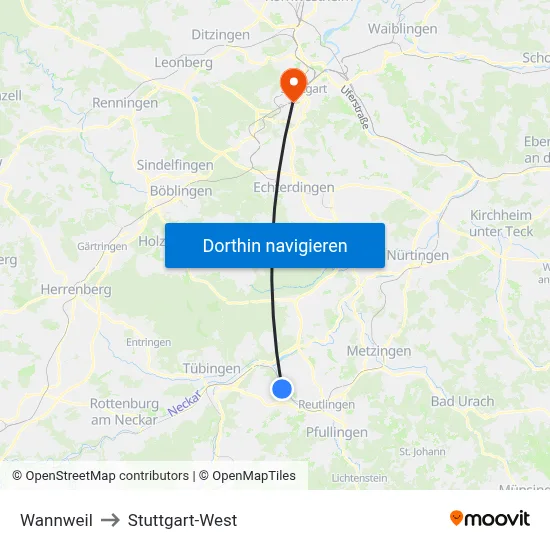 Wannweil to Stuttgart-West map