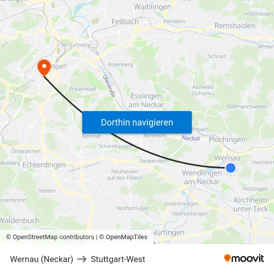 Wernau (Neckar) to Stuttgart-West map