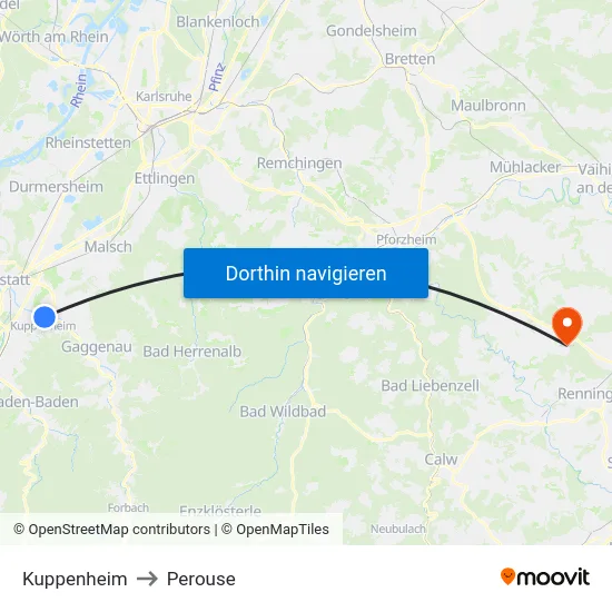 Kuppenheim to Perouse map