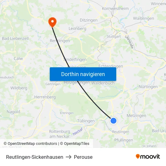 Reutlingen-Sickenhausen to Perouse map