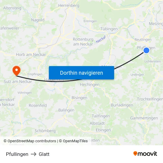 Pfullingen to Glatt map