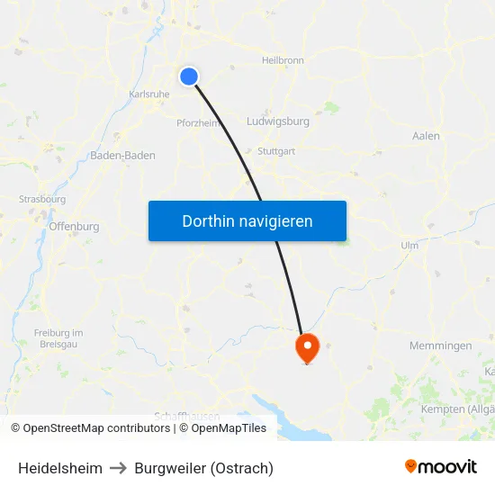 Heidelsheim to Burgweiler (Ostrach) map
