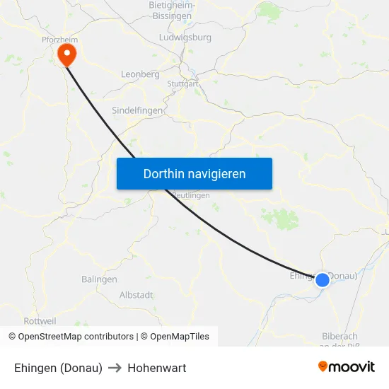 Ehingen (Donau) to Hohenwart map