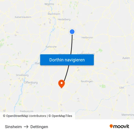 Sinsheim to Dettingen map