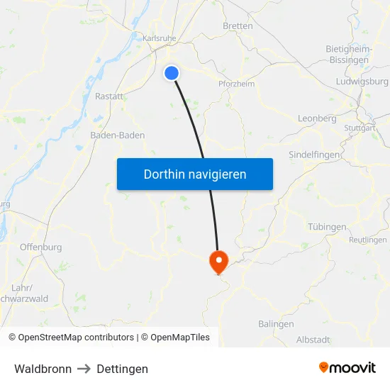 Waldbronn to Dettingen map