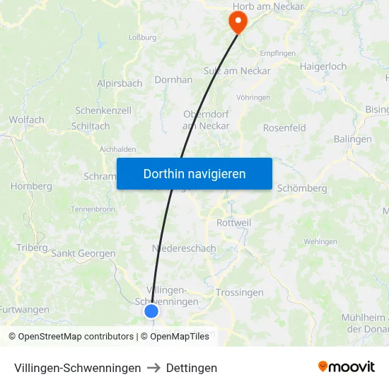 Villingen-Schwenningen to Dettingen map